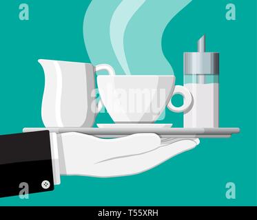 Kaffee auf Untertasse, Milchkännchen, Zucker Spender auf dem Teller in der Hand der Kellner. Vector Illustration im flachen Stil Stock Vektor