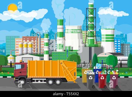 Lkw für den Zusammenbau, Transport Müll. Auto Entsorgung. Können container, Tasche und Schaufel für Müll. Recycling Factory, Auslastung. Stock Vektor