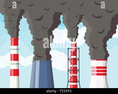 Rauchen factory Rohre gegen klare Himmel mit Wolken. Werk Rohr mit dunklem Rauch. Co2-Emissionen. Umwelt verschmutzung. Die Verschmutzung von env Stock Vektor