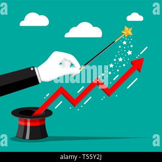 Finanzielle graph Fliegen aus magischen Hut und Hand mit Zauberstab. Wachstum, Einkommen, Ersparnisse, Investitionen. Symbol für Reichtum. Den geschäftlichen Erfolg. Flache styl Stock Vektor