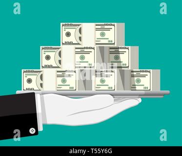 Stapel von Dollar Banknoten auf Tablett in der Hand. Konzept der Einsparungen, Spende, zu bezahlen. Symbol für Reichtum. Vector Illustration im flachen Stil Stock Vektor