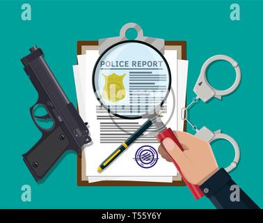 Zwischenablage mit Polizei und Stift. Datenblatt Bericht mit gold Polizei Abzeichen. Rechtliche Ordnung Dokument und Stapel Papier mit Stempel. Pistole Pistole und Handschellen Stock Vektor
