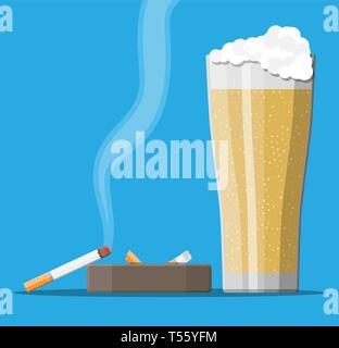 Glas Bier mit Zigarettenanzünder und Aschenbecher. Alkohol, Tabak. Bier, Alkohol, rauchen Produkte. Ungesunde Lebensweise Konzept. Vector Illustration i Stock Vektor