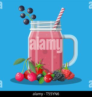 Jar mit gemischten Beeren Smoothie mit gestreiften Stroh. Trinken frischen Shake Saft Cocktail. Heidelbeere, Kirsche, Erdbeere, Johannisbeere Getränke in Glas. Vecto Stock Vektor