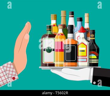 Alkoholmissbrauch Konzept. Hand Flasche Alkohol zu anderen Hand. Stop Alkoholismus. Ablehnung. Vector Illustration im flachen Stil. Stock Vektor