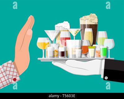 Alkoholmissbrauch Konzept. Hand Fach von Alkohol andererseits. Stop Alkoholismus. Ablehnung. Vector Illustration im flachen Stil. Stock Vektor