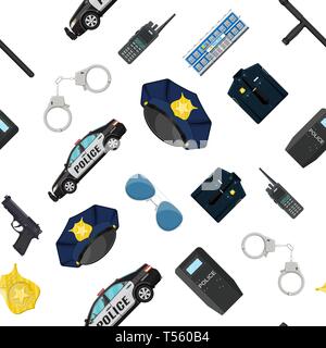 Nahtlose Polizei Gerät festgelegten Muster. Handschellen, Riot Shield, Pistole, schlagstock, abzeichen, Radio, Auto- und andere Element. Vector Illustration in Wohnung st Stock Vektor