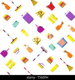 Reinigungsset nahtlose Muster. Flasche Spülmittel, Schwamm, Seife, Gummihandschuhe. Eimer, MOP, Besen, kehrblech. Zubehör für Abwasch, Haus cle Stock Vektor