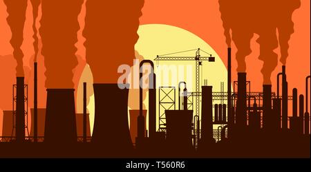 Panoramablick auf die industriellen silhouette Landschaft. Rauchen factory Rohre. Anlage Rohre, Himmel mit Sonne. Co2-Emissionen. Umwelt verschmutzung. Umfrage Stock Vektor