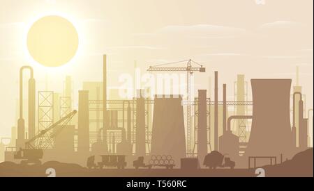 Panoramablick auf die industriellen silhouette Landschaft. Rauchen factory Rohre. Anlage Rohre, Himmel mit Sonne. Co2-Emissionen. Umwelt verschmutzung. Umfrage Stock Vektor