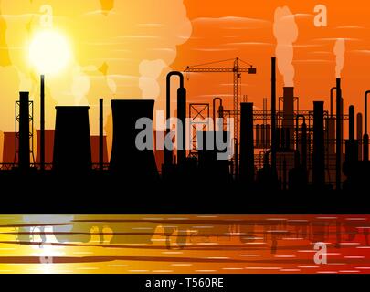 Panoramablick auf die industriellen silhouette Landschaft. Rauchen factory Rohre Wasserbehälter. Anlage Rohre Himmel Sonne. Co2-Emissionen. Umwelt contamina Stock Vektor