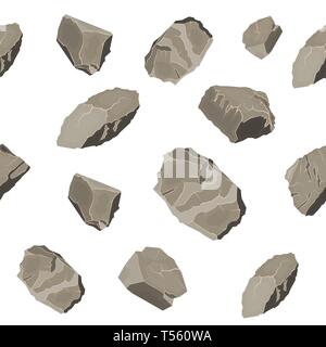 Satz von Stein nahtlose Muster. Steine und Felsen in variuos Größen. Reihe von Felsbrocken. Vector Illustration im flachen Stil Stock Vektor