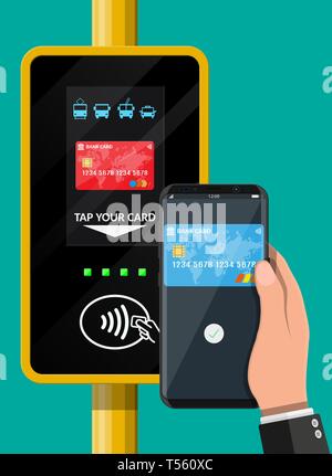 Hand mit Smartphone und Bank Card in der Nähe von Terminal. Flughafen, U-Bahn, Bus, U-Bahn ticket Validator. Drahtlose kontaktlose bargeldlose Zahlungen, rfid nfc. Flach Stock Vektor