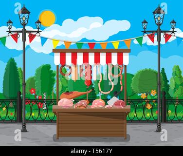 Fleisch Street Market. Fleisch lagern. Metzgerei oder Schaufenster. Wurstscheiben Produkt. Feinkost gastronomische Produkt von Rindfleisch Schweinefleisch Hühnerfleisch. Stock Vektor