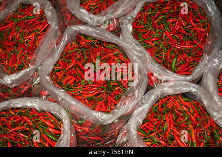 Thailand, Bangkok, Chakkraphet Rd, Pak Khlong Blumenmarkt, Säcke von rote Chilis zum Verkauf Stockfoto