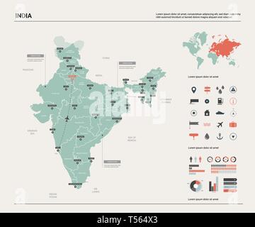 Vektorkarte von Indien. Hoch detaillierte Landkarte mit Abteilung, Städten und der Hauptstadt Neu Delhi. Politische Landkarte, Weltkarte, infografik Elemente. Stock Vektor