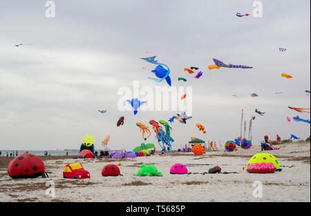 Semaphore, South Australia, Australien - 20. April 2019: Drachen Fliegen ein ddie Adelaide International Kite Festival 2019 Stockfoto