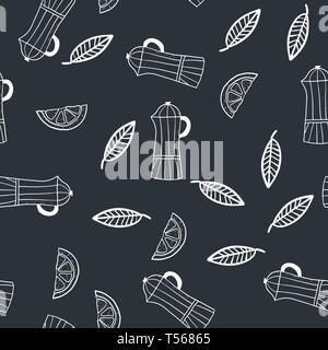 Hand gezeichnet nahtlose Muster mit Zitronenscheiben, Blätter und Kaffeemaschine. Vector Illustration. Stock Vektor