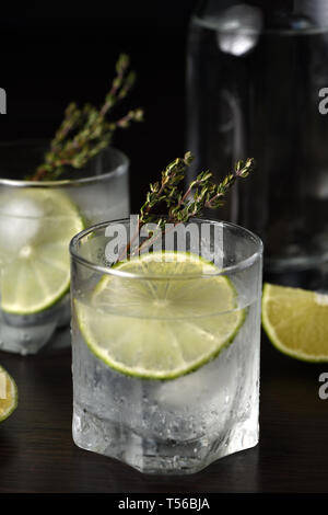 Gin Tonic mit einer Scheibe Limette und Zweige Thymian Stockfoto