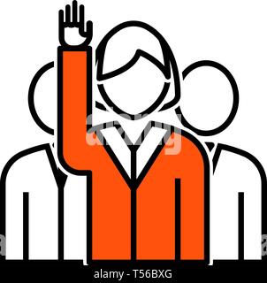 Abstimmung Dame mit Männer hinter Symbol. Dünne Linie mit orangefarbener Füllung Design. Vector Illustration. Stock Vektor