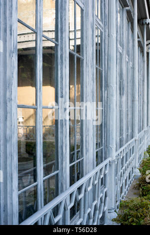 Hintergrund Der große Glasfenster. Frames sind weiß. in der Reflexion der Häuser, Bäume. Fenster vorne, grüne Pflanzen. Große Fenster eines großen Stockfoto