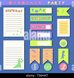 Eine große Auswahl an bedruckbaren Elemente mit Dinosauriern. Dino drucken Karten, Aufkleber, Fahnen, Anmerkungen, Seite für ein Notebook, um Liste zu tun, Schrott. Brüllen und Tramp. Fo Stock Vektor