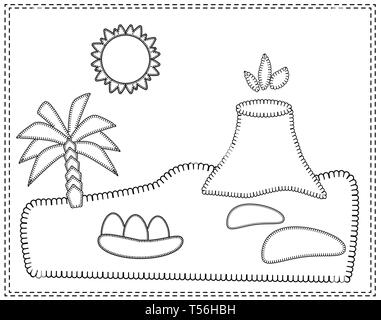 Landschaft mit der Insel der Dinosaurier. Vulkan, Palmen, Sand, Steine, Sonne, Dinosaurier Eier. Vector Illustration in Stich Stil. Für pädagogische ga Stock Vektor