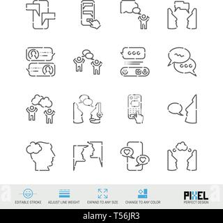 Vektor Symbol Leitung festgelegt. Kommunikation im Zusammenhang lineare Symbole. Dialog, Chat Symbole, Piktogramme, Zeichen. Pixel Perfect Design. Editierbare Schlaganfall. Stock Vektor