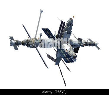 Space Station isoliert auf weißem Hintergrund. 3D-Darstellung. Stockfoto