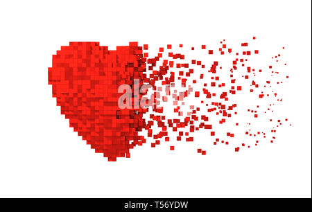 Zerfall der Roten digitale Herz isoliert auf weißem Hintergrund. 3D-Darstellung. Stockfoto