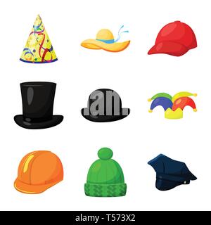 Isoliertes Objekt von Kopfbedeckungen und napper unterzeichnen. Satz von Kopfbedeckungen und Helm vektor Illustration. Stock Vektor