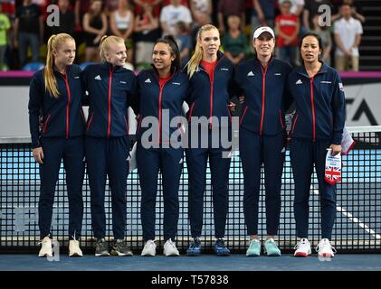 Die Großbritannien Mannschaft. Gummi 1. Welt Gruppe II Play off in der BNP Paribas Fed Cup. Kupfer, Arena. Queen Elizabeth Olympic Park. Stratford. London. UK. 20.04.2019. Stockfoto