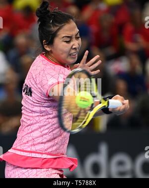 London, Großbritannien. 21. April 2019. Zarins Diyas (Kasachstan). Gummi 4. Grossbritannien v Kasachstan. Welt Gruppe II play-off. BNP Paribas Fed Cup. Kupfer, Arena. Queen Elizabeth Olympic Park. Stratford. Credit: Sport in Bildern/Alamy leben Nachrichten Stockfoto