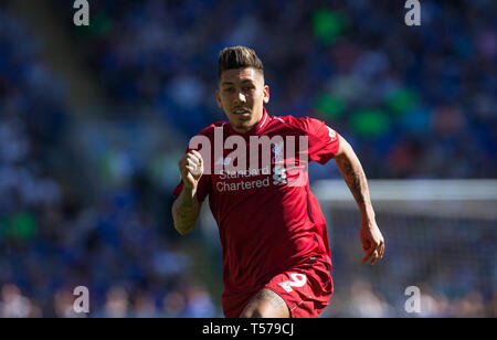 Cardiff, Großbritannien. 21 Apr, 2019. Roberto Firmino von Liverpool in der Premier League Match zwischen Cardiff City und Liverpool an der Cardiff City Stadium, Cardiff, Wales am 21. April 2019. Foto von Andy Rowland. Nur die redaktionelle Nutzung, eine Lizenz für die gewerbliche Nutzung erforderlich. Keine Verwendung in Wetten, Spiele oder einer einzelnen Verein/Liga/player Publikationen. Õ Credit: PRiME Media Images/Alamy leben Nachrichten Stockfoto