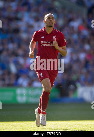 Cardiff, Großbritannien. 21 Apr, 2019. Fabinho von Liverpool in der Premier League Match zwischen Cardiff City und Liverpool an der Cardiff City Stadium, Cardiff, Wales am 21. April 2019. Foto von Andy Rowland. Credit: PRiME Media Images/Alamy leben Nachrichten Stockfoto