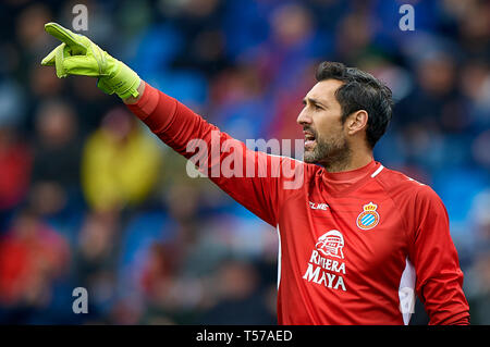 Valencia, Spanien. 21 Mär, 2019. Fussball: Liga Santander 2018/19: Diego Lopez von Espanyol reagiert während der spanischen Primera Division "Liga Santander (Espanola)' Match zwischen Levante UD 2-2 RCD Espanyol im Ciutat de Valencia in Valencia, Spanien, 21. März 2019. Credit: Pablo Morano/LBA/Alamy leben Nachrichten Stockfoto