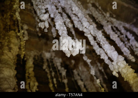 (190422) - MOUNT SODOM, April 22, 2019 (Xinhua) - Salz Stalaktiten in der malham Höhle in der Nähe des Toten Meeres in der südöstlichen Israel gesehen werden am 14. April 2019. Israelische und europäische Forscher tiefsten Salzhöhle der Welt, Malham Höhle mit einer Tiefe von mindestens 10 Kilometer entdeckt haben, in der Nähe des Toten Meeres, sagte ein Bericht Donnerstag von der Hebräischen Universität in Jerusalem ausgestellt. Die Forscher erneut gemessen, das 7.000-jährige Malham Höhle, in der Nähe des Toten Meeres in der südöstlichen Israel, und fand, dass es viel mehr ist als 5,5 Kilometer als bisher angenommen. So ist die israelische Höhle umgeht Ir Stockfoto