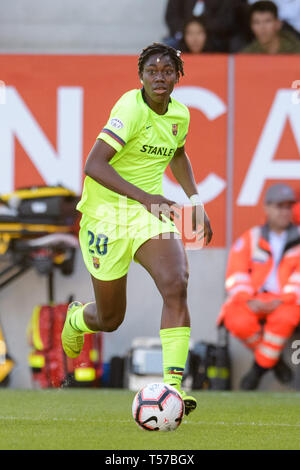 21. April 2019, Bayern, München: Fußball, Frauen: Champions League, FC Bayern München - FC Barcelona, K.o.-Runde, Halbfinale, Hinspiel auf der FC Bayern Campus. Asisat Lamina Oshoala von Barcelona spielt den Ball. Foto: Matthias Balk/dpa Stockfoto