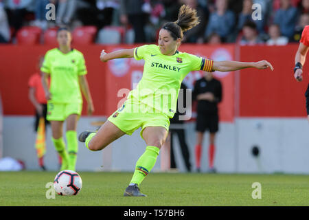 21. April 2019, Bayern, München: Fußball, Frauen: Champions League, FC Bayern München - FC Barcelona, K.o.-Runde, Halbfinale, Hinspiel auf der FC Bayern Campus. Vicky Losada von Barcelona spielt den Ball. Foto: Matthias Balk/dpa Stockfoto