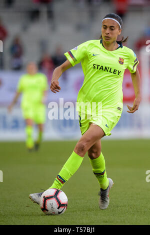 21. April 2019, Bayern, München: Fußball, Frauen: Champions League, FC Bayern München - FC Barcelona, K.o.-Runde, Halbfinale, Hinspiel auf der FC Bayern Campus. Andressa Alves von Barcelona spielt den Ball. Foto: Matthias Balk/dpa Stockfoto