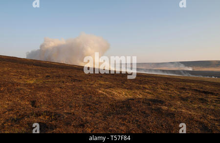 Marsden Moor Estate, Huddersfield, Großbritannien. 22. April 2019. Moorland Feuer in der Nähe von Wicking Grün auf Nähe Moos, eine in einer Reihe von Unseasonal Brände aufgrund der warmen, trockenen Wetter im Frühling. Credit: M Kyle/Alamy leben Nachrichten Stockfoto