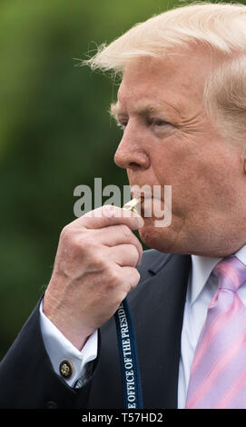 Washington, Vereinigte Staaten von Amerika. 22 Apr, 2019. Präsidenten der Vereinigten Staaten Donald J. Trumpf bläst ein Pfeifen das Weiße Haus Easter Egg Roll im Weißen Haus in Washington, DC am 22. April 2019 zu beginnen. Credit: Kevin Dietsch/Pool über CNP | Verwendung der weltweiten Kredit: dpa/Alamy leben Nachrichten Stockfoto