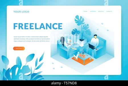 Der Mann und die Frau sitzt auf dem Sessel arbeitet mit Computer, Freier. Moderne Vorlage für Landing-Page. Isometrische Vector Illustration Stock Vektor