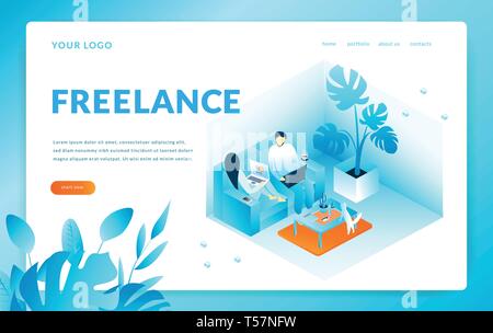 Der Mann und die Frau sitzt auf dem Sessel arbeitet mit Computer, Freier. Moderne Vorlage für Landing-Page. Isometrische Vector Illustration Stock Vektor