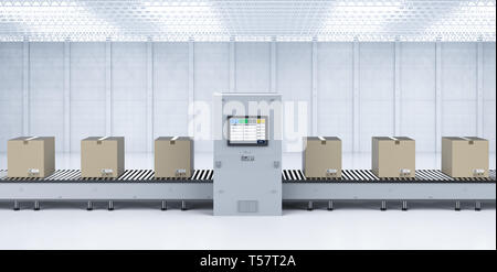 3D-rendering Kartons auf Förderstrecke mit Maschine Stockfoto