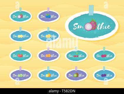 Smoothie Frucht Cocktail Sticker Set Vector Illustration. Frische vegetarische Smoothies trinken Label mit Hand gezeichnet Zeichen Smoothie mit weißen Rahmen für Angebot Zeichnung Aufkleber oder Store Förderung Kunst Stock Vektor