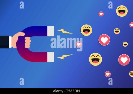 Hand mit einem Magnet für Smileys und Herzen. Positives Feedback, Marketing auf social media Konzept. Beeinflusser. Vector Illustration, flacher Stil. Stock Vektor