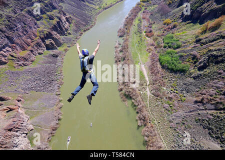 Base Jumper gesehen von der Oberseite des Perrine Bridge über den Snake River Canyon in Idaho. Stockfoto