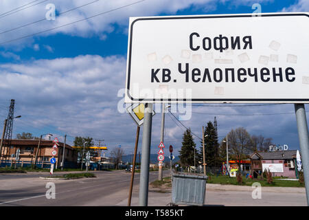 Chelopechene Bezirk Straße Zeichen, Sofia, квартал Челопечене табела, Eingang melden Stockfoto