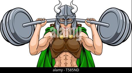 Viking Warrior Frau Gewichtheber Hebe Barbell Stock Vektor